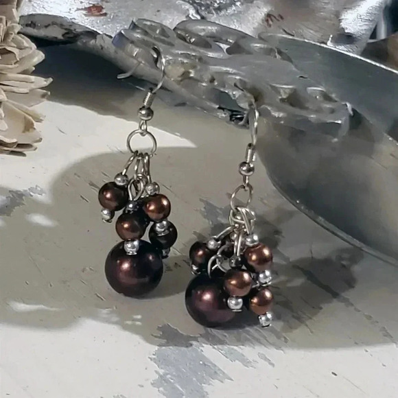 Hand Crafted Purple Bronze Glass Pearl Beads Cluster Dangle Earrings - Picture 1 of 7